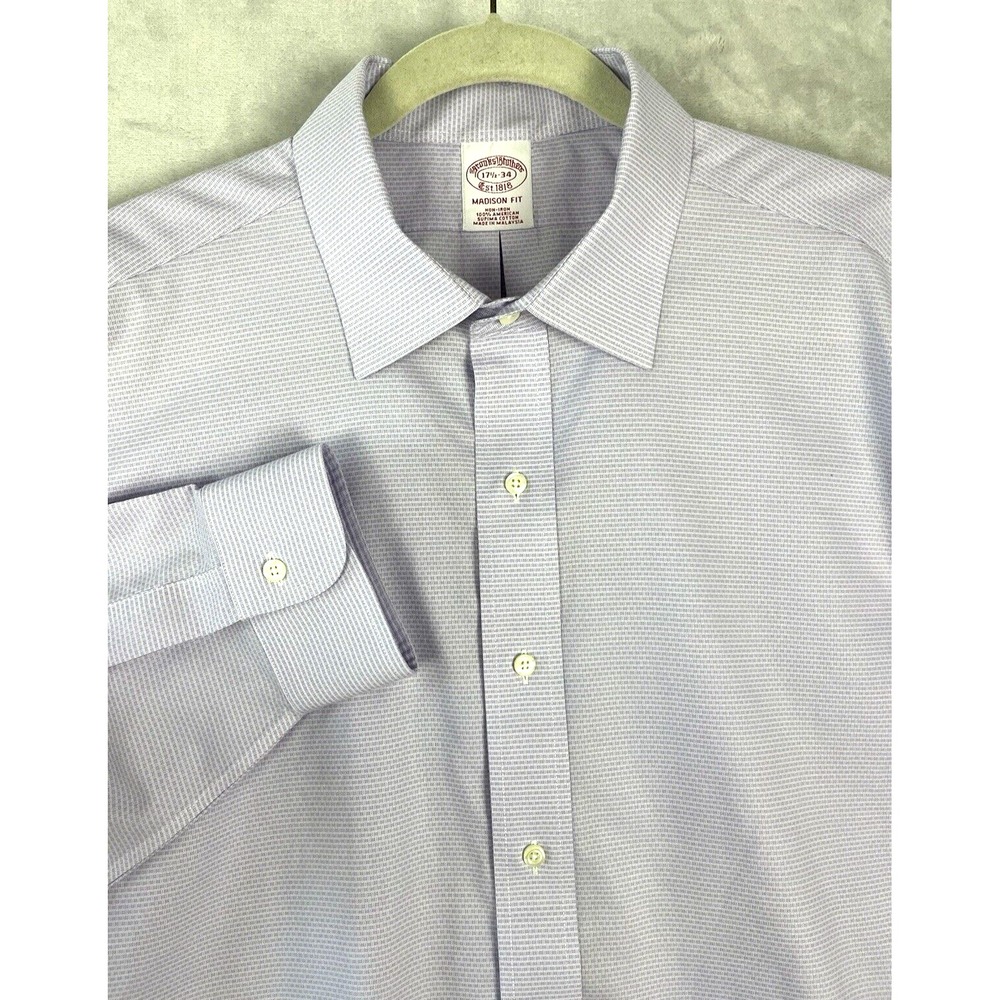 BROOKS BROTHER Dress Shirt 17.5-34 Purple Gingham Madison Non Iron Supima Cotton